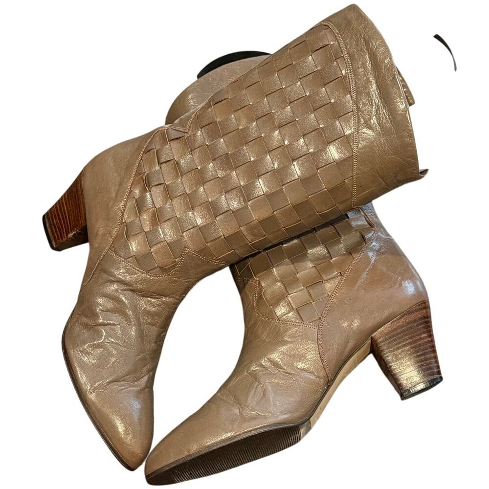 Vintage Frye Woven Leather Boots Taupe Tan Women's Size 8.5